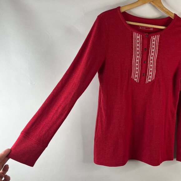 Eddie Bauer Womens Thermal Shirt Top Size Large Red Aztec Embroidered Round Neck - Picture 4 of 9